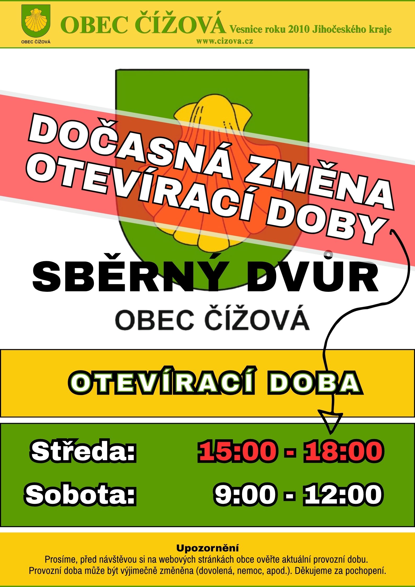 Do�asn� zm�na otev�rac� doby SB�RN� DV�R �͎OV�