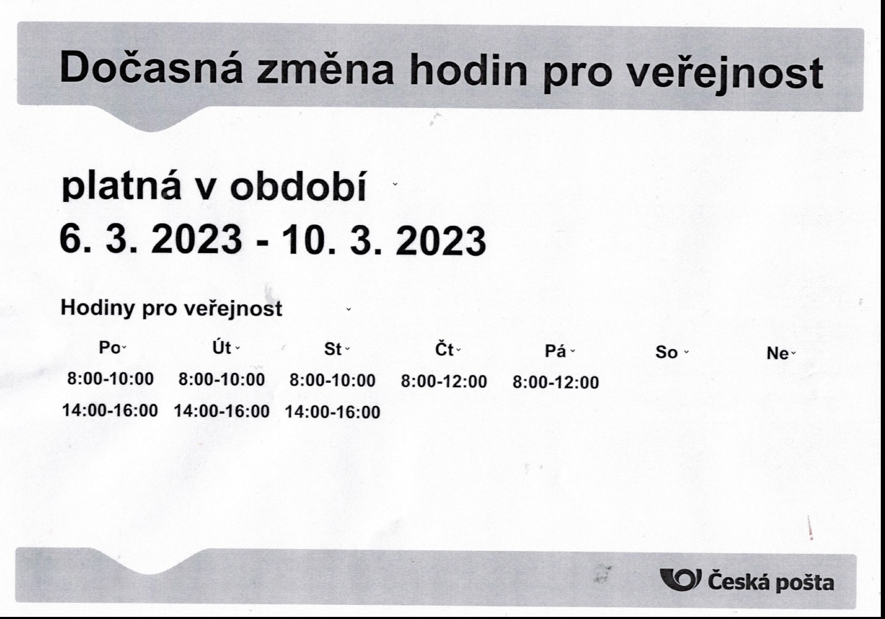 Dočasná změna otevírací doby  pro veřejnost pošta Čížová ve dnech: 06.03.2023-10.03.2023